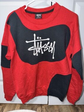 Stussy Red and Black Colorblock Crewneck with White Script Logo